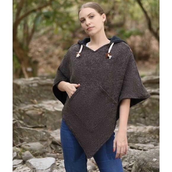 Virblatt Wool Hooded Poncho Brown Black Lining Pullover Drawstring Nepal L/XL - Picture 1 of 12